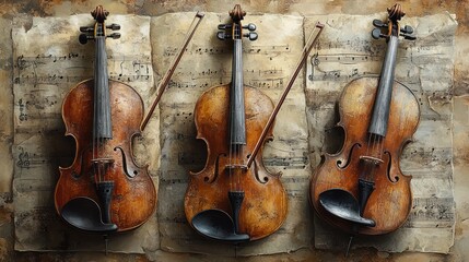 Naklejka premium Three vintage violins on aged sheet music.