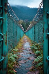 A Narrow Path Through a Barbed Wire Fence Leading to a Forest
