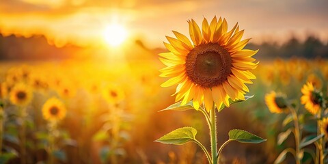 Obraz premium A golden sunflower standing alone in a field with warm light, landscape, sunny field, golden sunflower, flowers, yellow