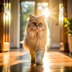 cute persona cat walking in house under sunlight