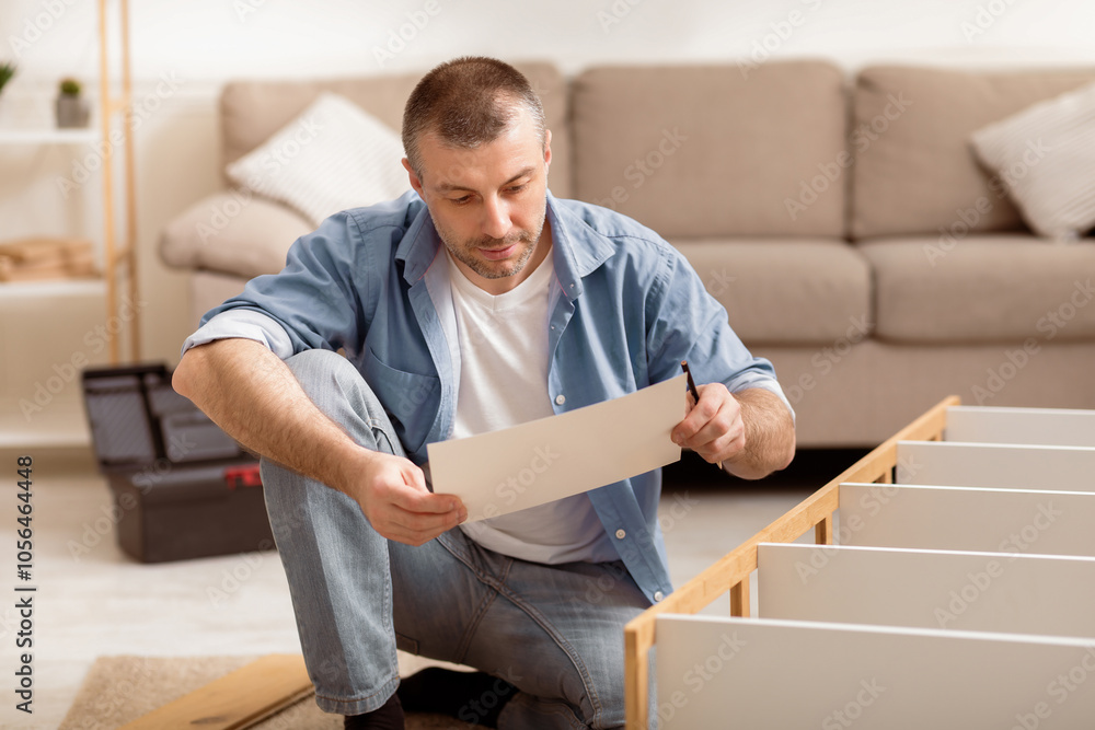 Poster middle-aged man reading self-assembly manual installing wooden shelf furnishing house, sitting on fl