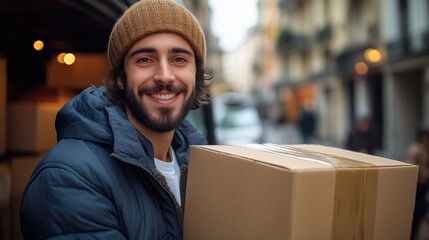 Happy courier with package on street. Friendly courier stands on a city street holding a package, showcasing reliable delivery services in e-commerce logistics and urban areas.