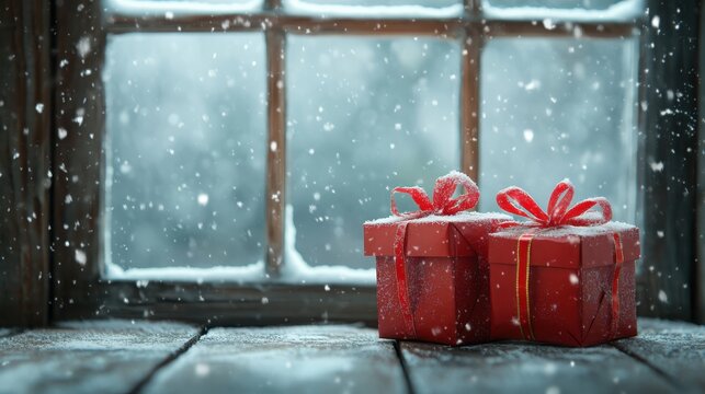 Holiday gifts with Cyber Monday sale tags on a shopping site copy space, festive bargains, whimsical, composite, snowy window backdrop