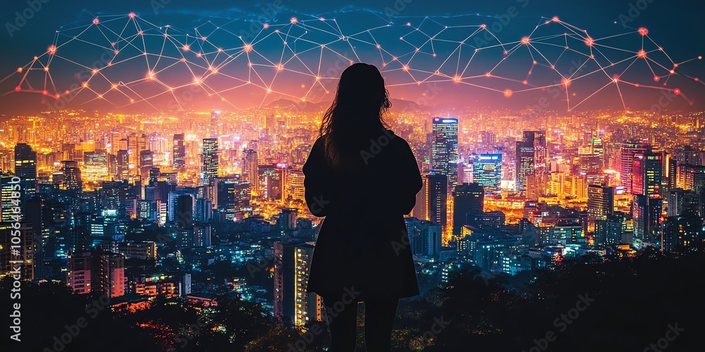 Poster silhouette of woman standing in front of cityscape with glowing network lines above.