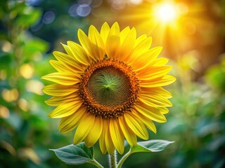 Radiant sunflower in bright yellow, accompanied by verdant green leaves, displays beautifully on a soft light backdrop, perfect for showcasing nature in photography.