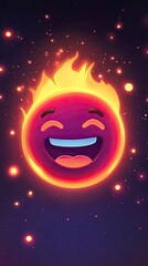Vibrant smiling emoji with flames and glowing effects in dark background