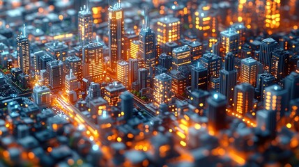 A vibrant cityscape at night, illuminated by glowing lights.