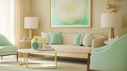 A contemporary living room featuring beige walls and mint green accents, with gold-framed artwork and a white coffee table
