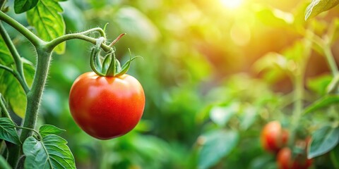 A lone tomato plant standing in a lush garden with vibrant green leaves and a few ripe tomatoes hanging from its stem, fruiting plants, gardening tools, growing conditions