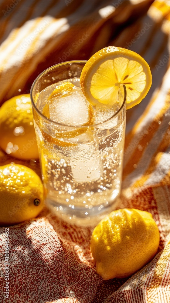 Aufkleber refreshing lemonade with ice and sliced lemon on a sunny background