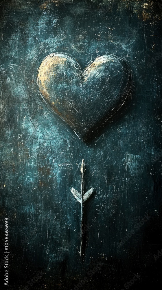 Poster abstract art featuring a heart with an arrow on a dark background