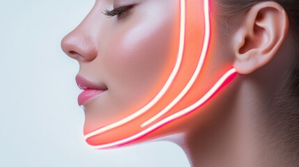 Detailed shot of a woman's glowing face with fine skin-lifting lines, soft light enhances smooth skin texture, beauty skincare concept, subtle glow, high resolution