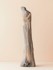 A tall, textured piece of driftwood against a soft pastel background, showcasing natural beauty.