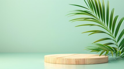 Obraz premium Product presentation setup with round wooden platform, green palm branch on pastel background.