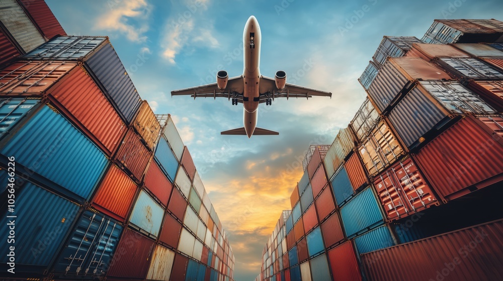 Poster airplane flying over port with stacked shipping containers. large airplane flies over stacked shippi