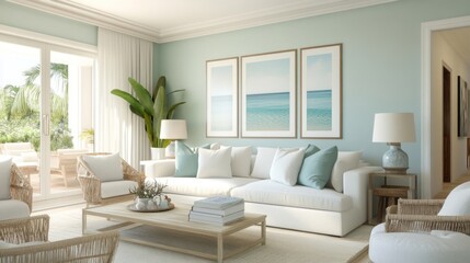 A contemporary living room featuring cream walls, a sky blue accent wall, and mint green decor elements