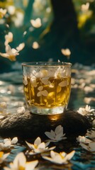 Serene glass of tea surrounded by floating flower petals in nature