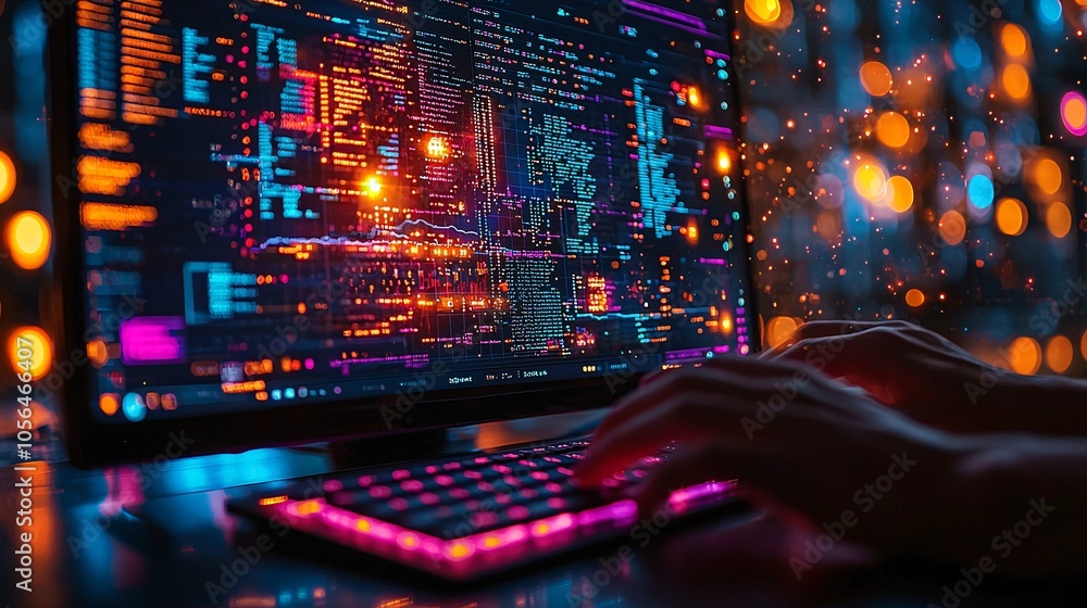 Poster hacker typing code on computer with colorful lights in dark room