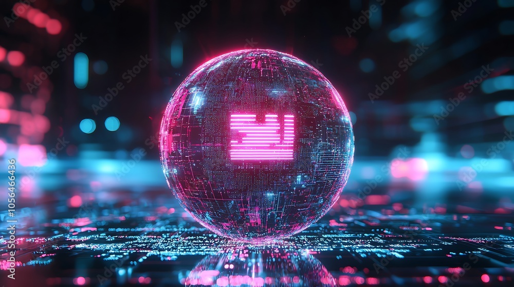 Poster futuristic digital sphere with neon pink and blue technology patterns : generative ai
