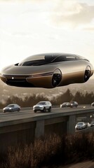 Fototapeta premium Futuristic flying car soaring above a busy highway at sunset