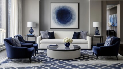 A contemporary living room featuring light gray walls, a white fabric sofa, and navy blue armchairs