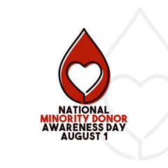 National Minority Donor Day design vector on white background. August 1. Flat design vector. Poster, banner, card, background.
