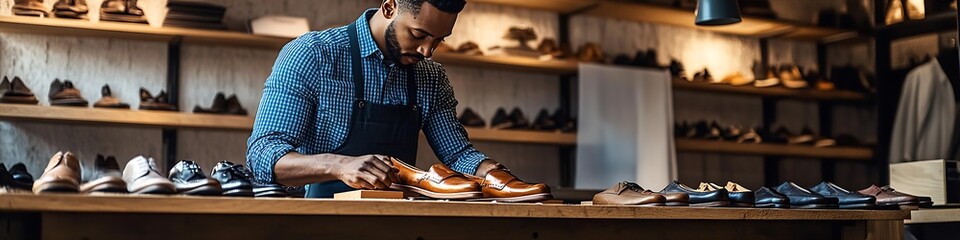 Meticulous Artisan Crafting Leather Footwear in a Rustic Shoe Workshop : Generative AI