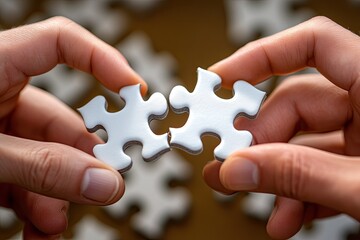 Two hands hold puzzle pieces, ready to connect. This image represents teamwork, collaboration, and the process of solving problems together.