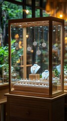 Elegant jewelry display in a showcase illuminated by soft lighting
