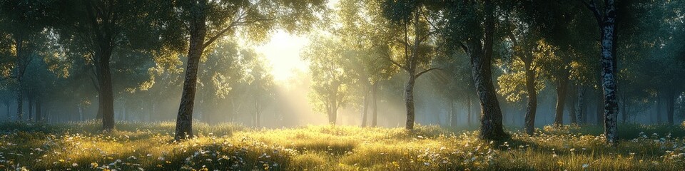 Fototapeta premium Serene forest scene with sunlight filtering through trees.