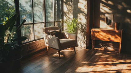 A cozy corner featuring a chair, plants, and sunlight casting shadows on wooden floors.