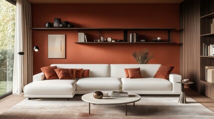 A contemporary living room featuring terracotta walls, a white sectional, and dark wood accents