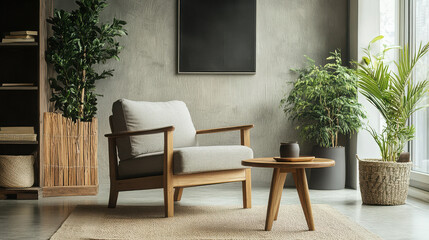 A cozy living space featuring a chair, table, and plants, promoting relaxation and comfort.