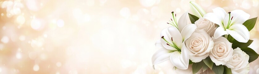 A bouquet of white lilies and roses against a soft, blurred background.