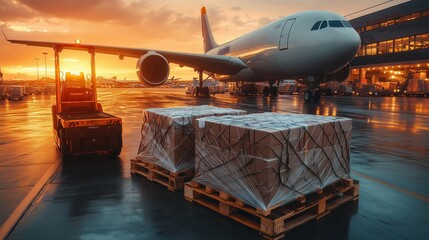 Air cargo pallets awaiting loading at sunset. Cargo pallets secured in netting, ready for loading onto a cargo plane at sunset, representing the efficiency of international air freight logistics.