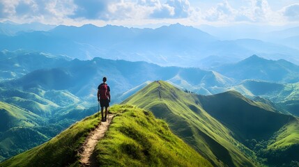 Fototapeta premium Hiker walking to mountains. 