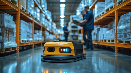 Autonomous AGV robot navigating warehouse aisles. Autonomous guided vehicle (AGV) robot moving through warehouse aisles, representing advanced robotics and automation in modern logistics operations.