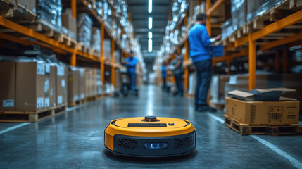 Robotic AGV operating in modern warehouse facility. Advanced robotic AGV in action within a modern warehouse, showcasing the role of automation and robotics in streamlining logistics operations.
