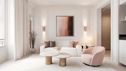 A contemporary living room featuring white walls, a blush pink accent chair, and a white sofa