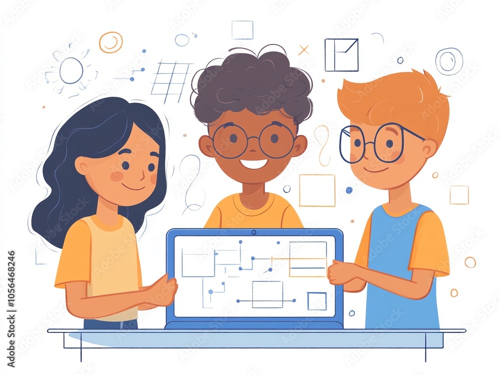 Poster three children, diverse in appearance, stand around a laptop computer screen and point to a diagram.