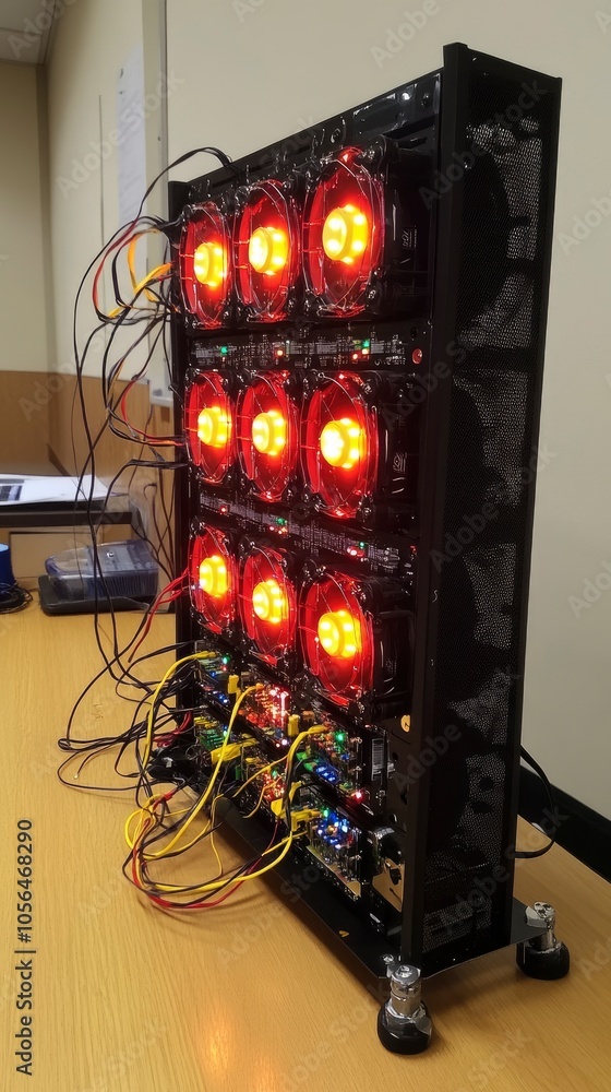 Poster advanced cryptocurrency mining rig with multiple graphic cards and cooling systems