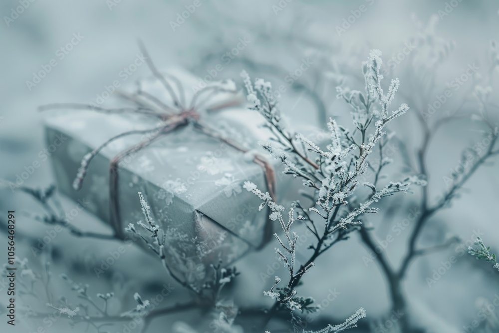 Poster a white box with a bow on top sits on a snowy branch. concept of warmth and joy, as the box is likel