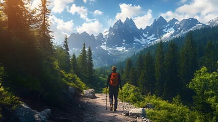 Fototapeta premium Hiker walking to mountains. 