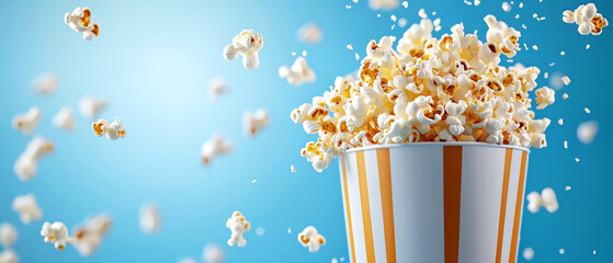 A vibrant overflowing popcorn bucket in a retro cinema setting celebrating the joy of movie nights