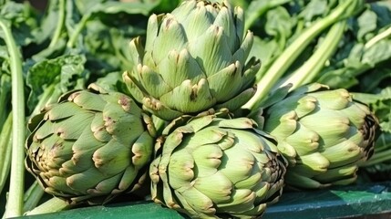 Fototapeta premium Group of fresh artichokes on display. Perfect for showcasing healthy food, cooking, or a healthy lifestyle.