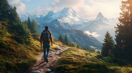 Hiker walking to mountains. 