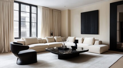 A contemporary living room with beige walls, a black accent chair, and a beige sectional