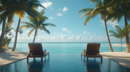 Fototapeta premium A couple enjoying a luxury beach resort holiday package with palm trees and clear blue water focus on, tropical getaway, vibrant, overlay, island beach backdrop