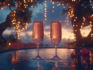 Champagne glasses clinking together in a festive New Years Eve toast close up, celebration cheers, vibrant, fusion, luxury party backdrop