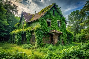 Obraz premium A mysterious and eerie green abandoned house with overgrown vegetation, rural decay, nature invasion